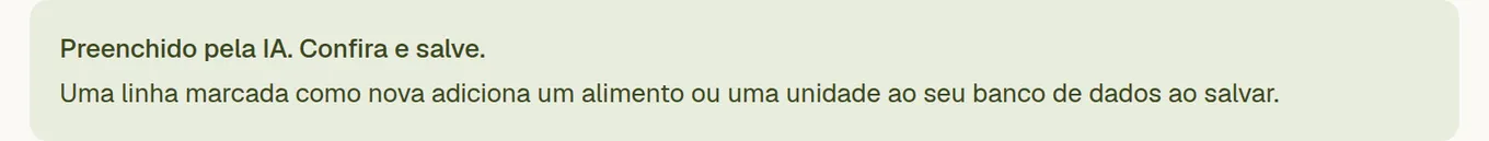 O aviso por cima do formulário preenchido, a dizer que foi preenchido pela IA e a pedir para conferir e guardar