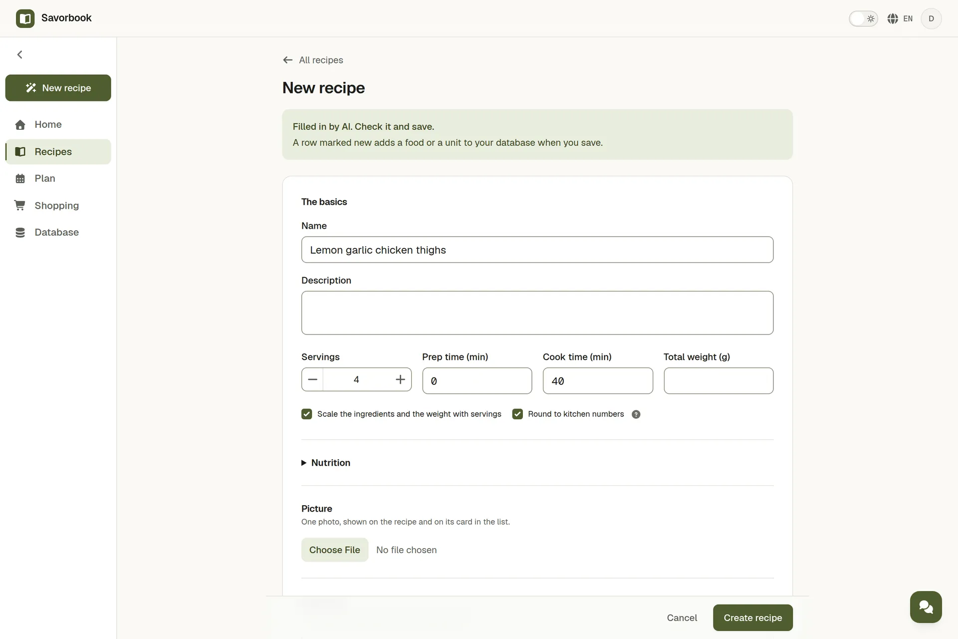 A recipe filled in by AI from pasted text, with its ingredients and steps ready to check