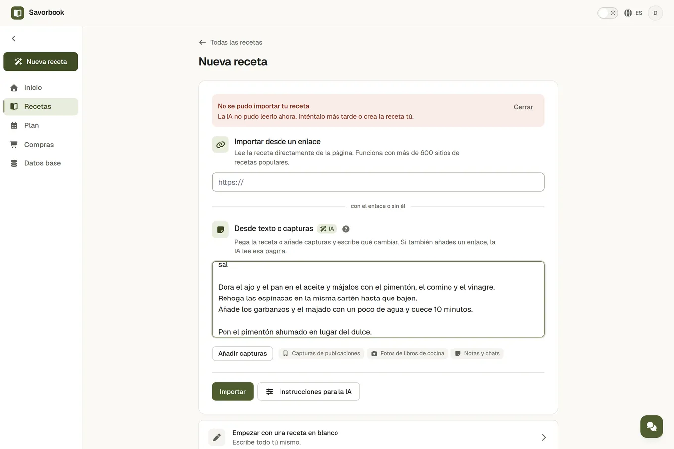 El campo Desde texto o capturas de la pantalla de importación, con una receta pegada y una nota sobre qué cambiar