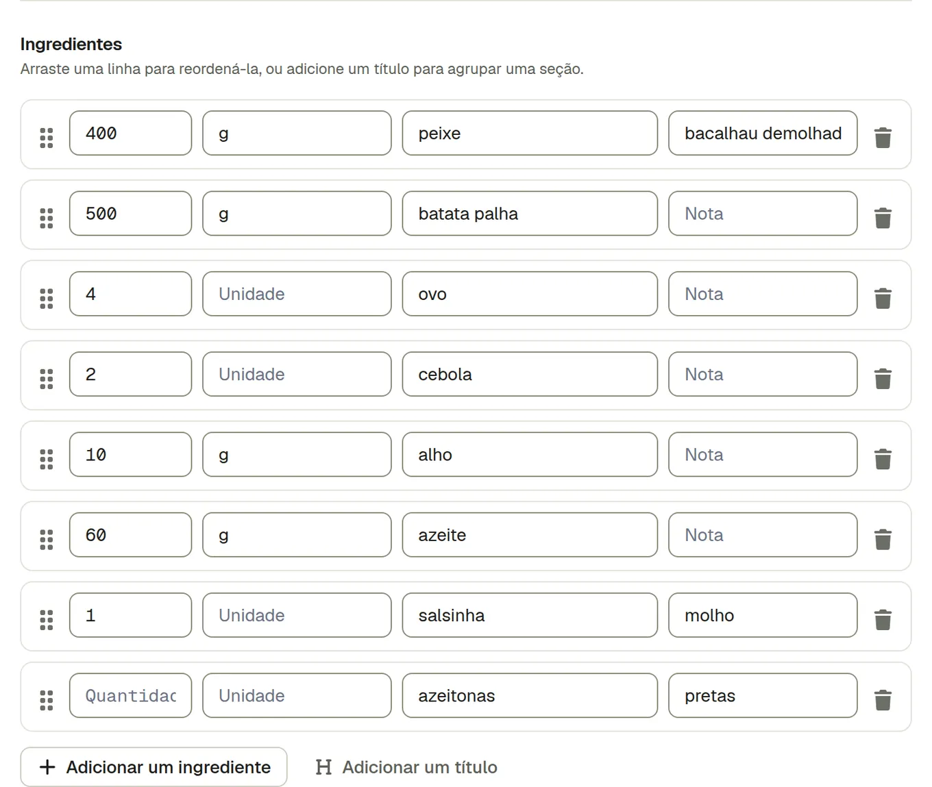 Linhas de ingredientes escritas pela IA nas unidades da conta, com os alimentos novos marcados como novos