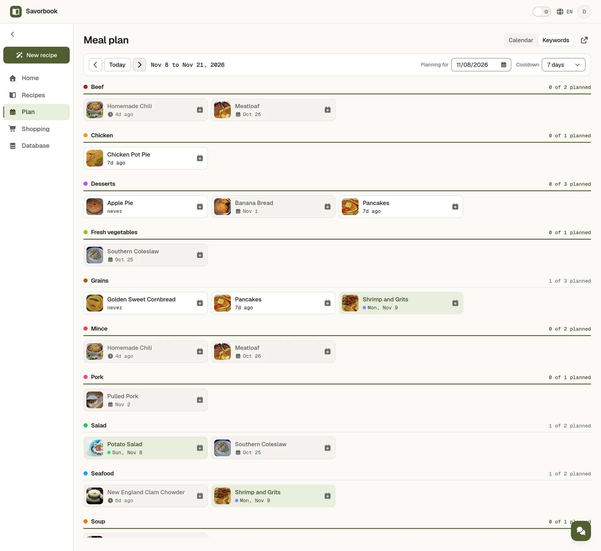 The SavorBook planner board, recipes grouped by keyword with a mark against each