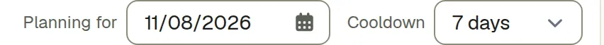 The board toolbar, with the cooldown set to 7 days