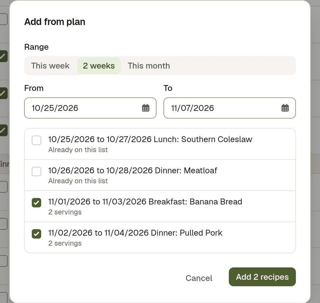 The Add from plan dialog: a date range, each planned meal with a checkbox, two marked as already on the list, and one with no recipe so nothing to buy