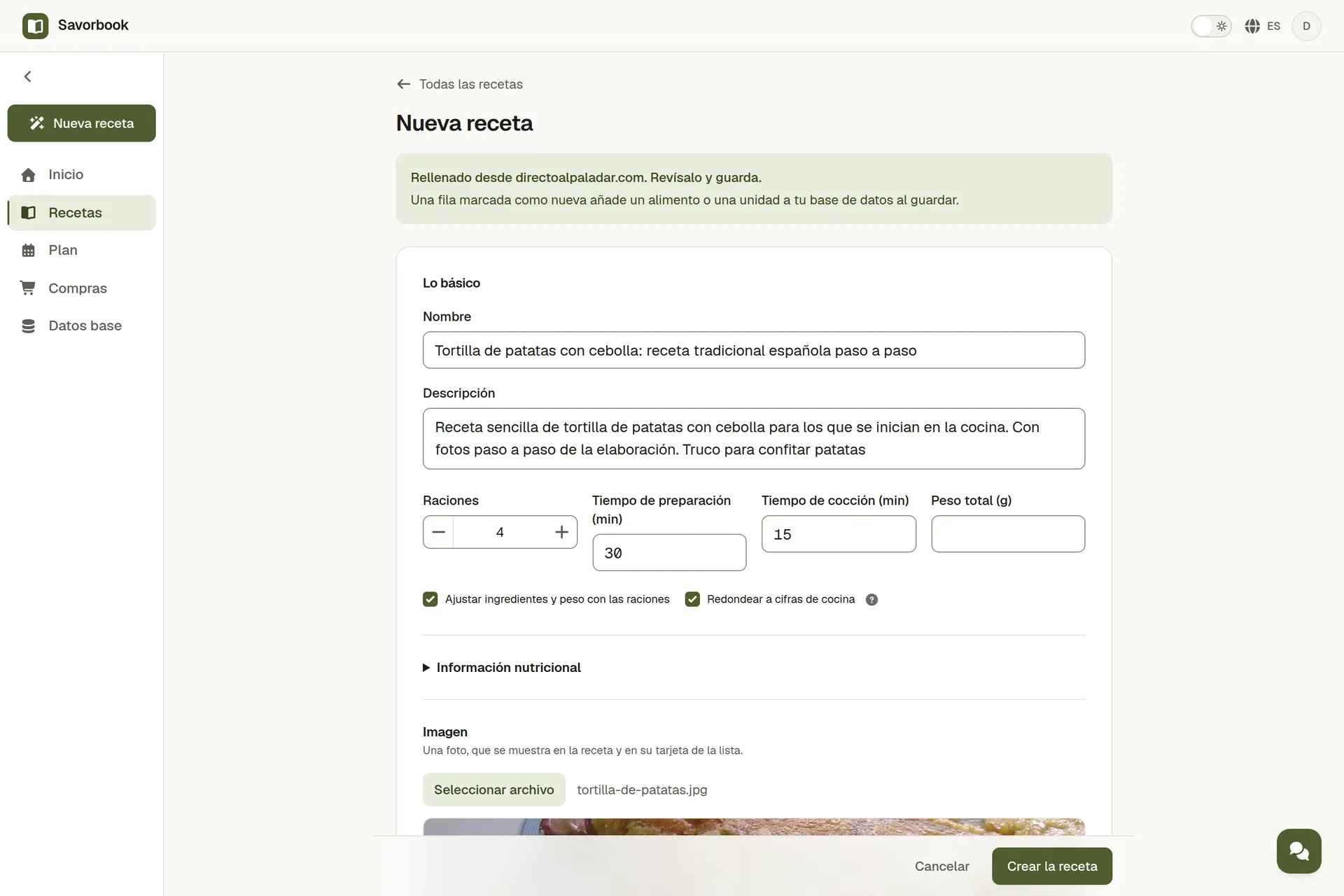 Una receta importada desde su enlace, con la foto, los ingredientes y los pasos rellenados, lista para guardar