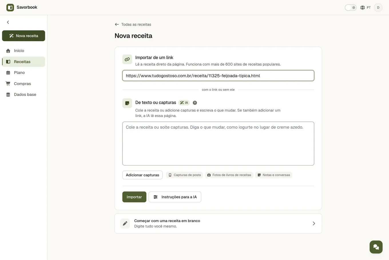 O ecrã de importação com o endereço de uma página de receitas no campo Link da receita