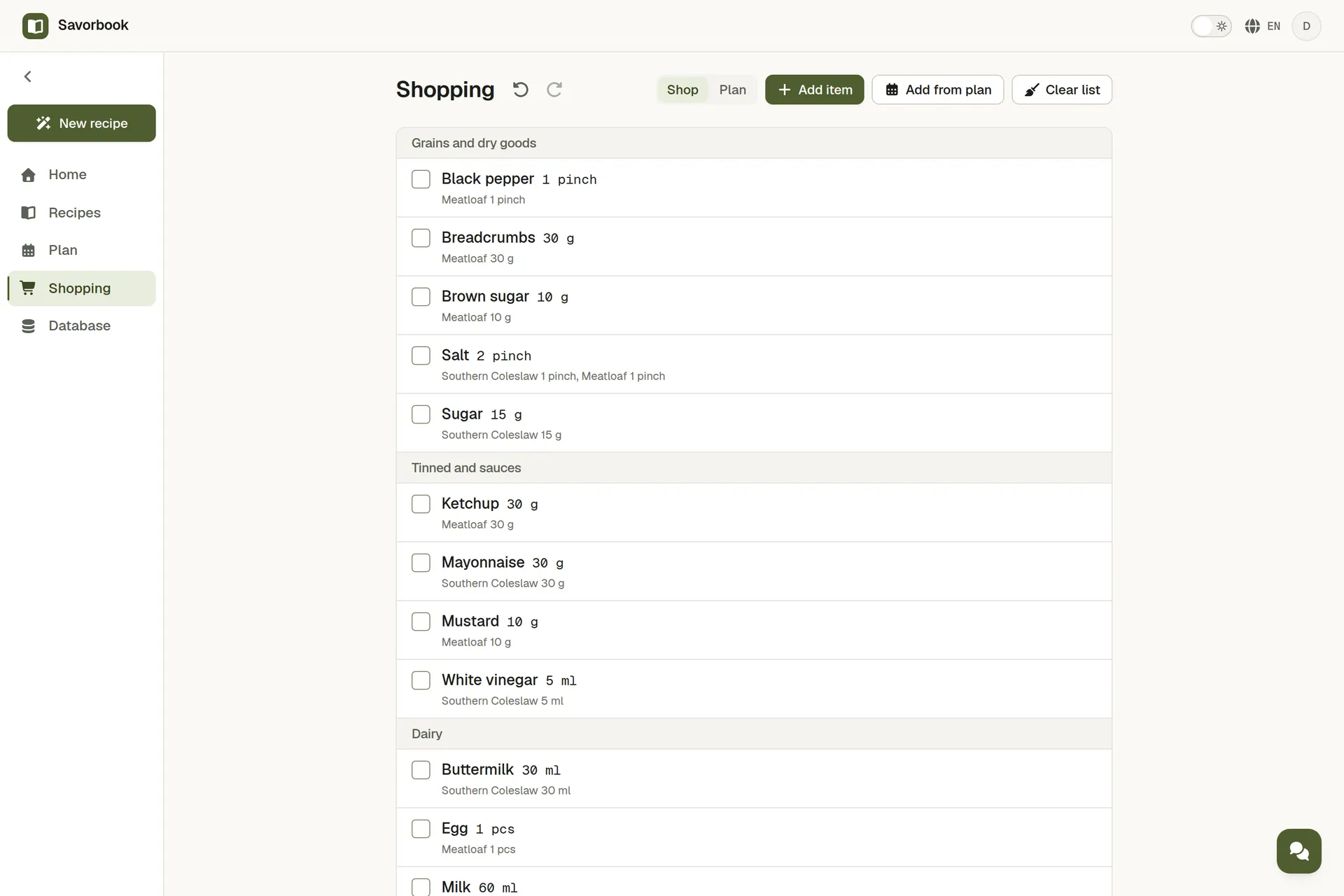 A SavorBook shopping list grouped by aisle, with several rows already ticked off