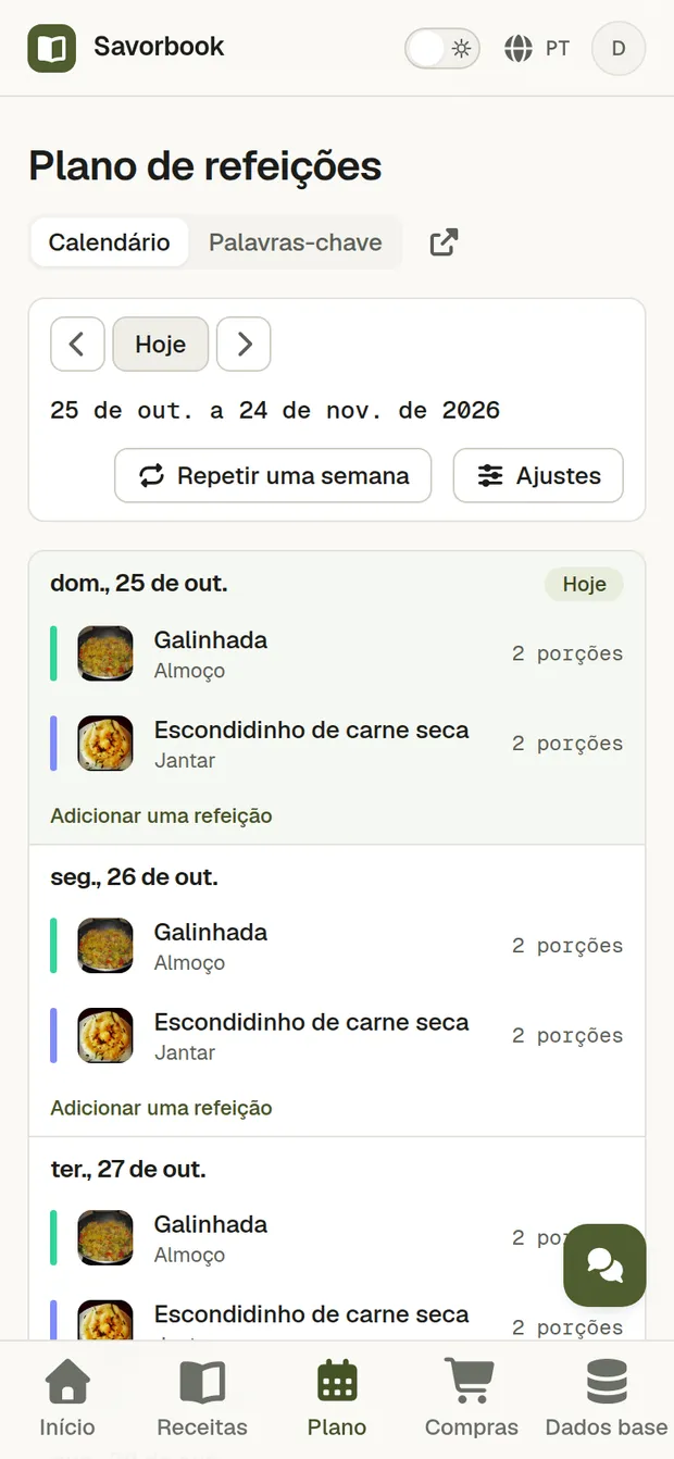 Uma receita importada a partir do link, planeada em três dias e adicionada à lista de compras