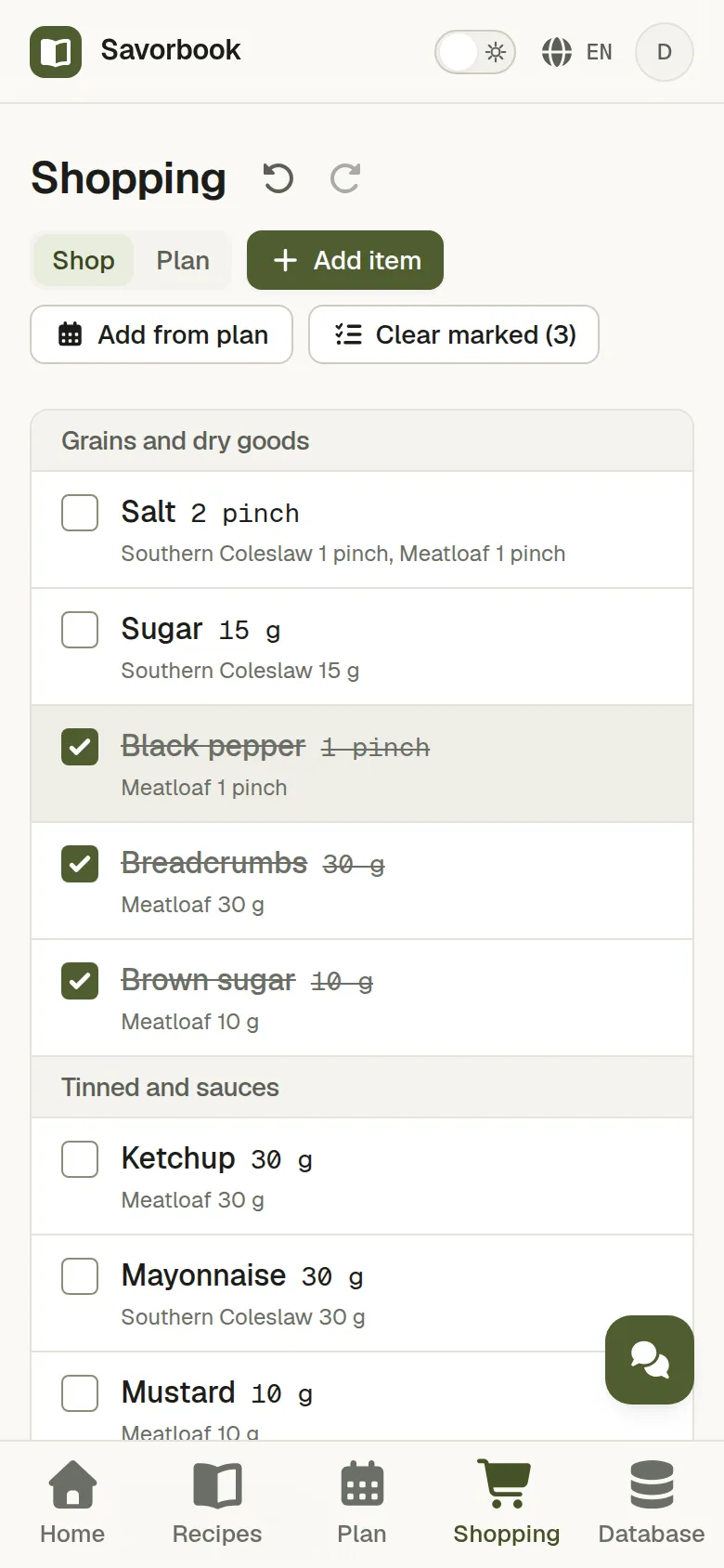 The shopping list on a phone in Shop mode, part way through a shop, several rows ticked off