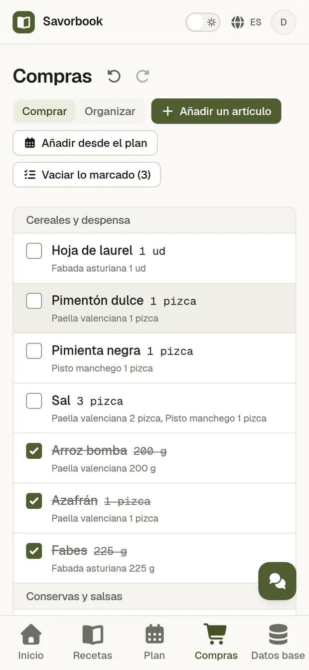 La lista de la compra en un móvil en modo Compra, a media compra, con varias filas marcadas