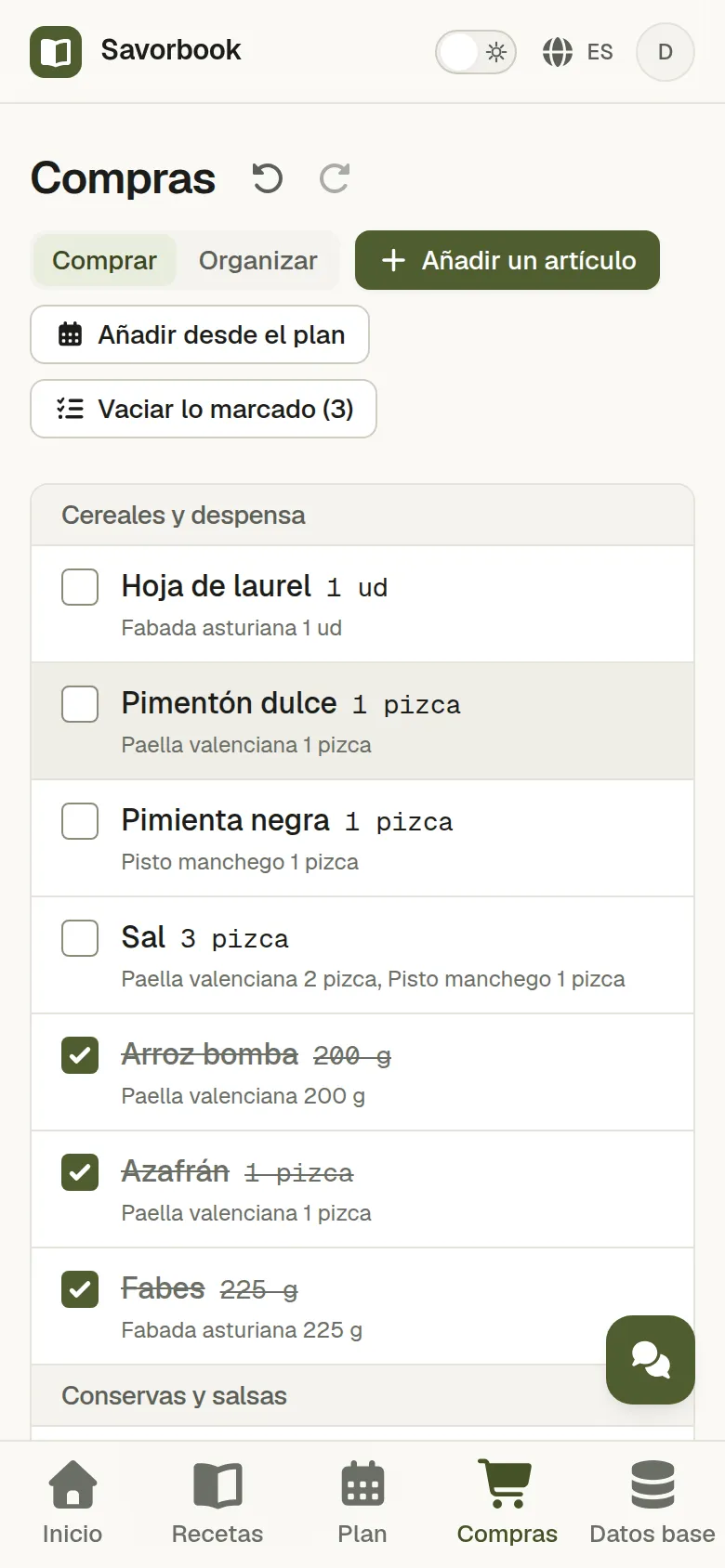 La lista de la compra en un móvil en modo Compra, a media compra, con varias filas marcadas