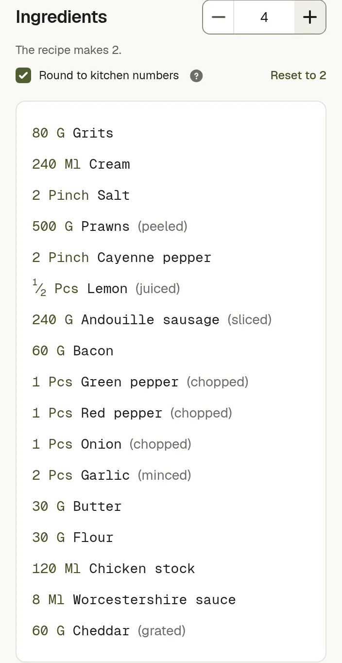 The servings field beside a recipe's ingredients, with the amounts scaled to the new count