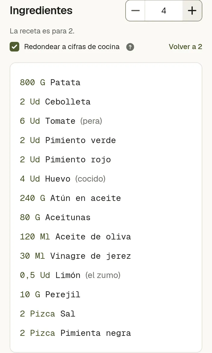 El campo de raciones junto a los ingredientes de una receta, con las cantidades ajustadas al nuevo número