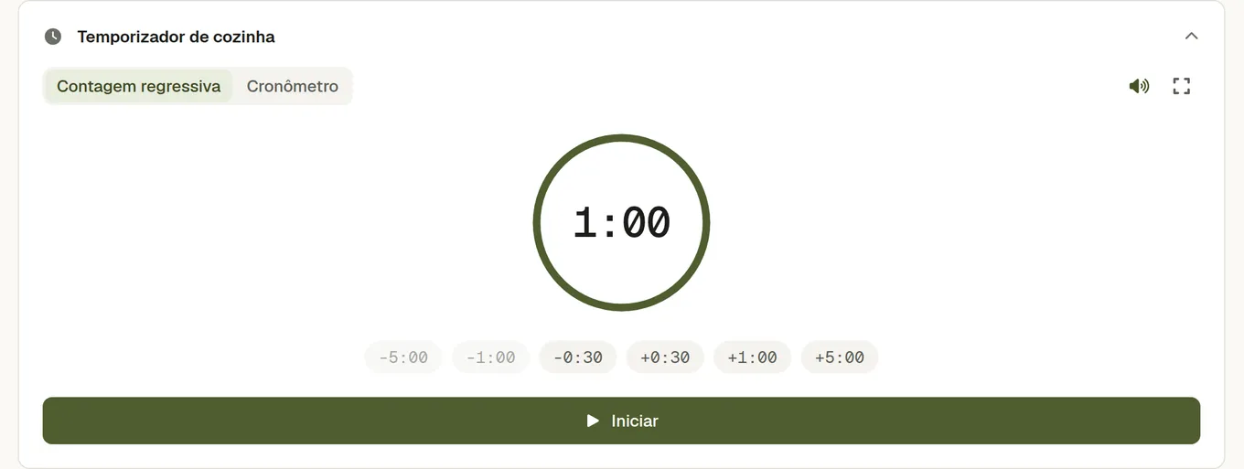 O temporizador de cozinha de uma receita: separadores de contagem decrescente e cronómetro, um anel de progresso e botões que juntam trinta segundos, um minuto e cinco minutos