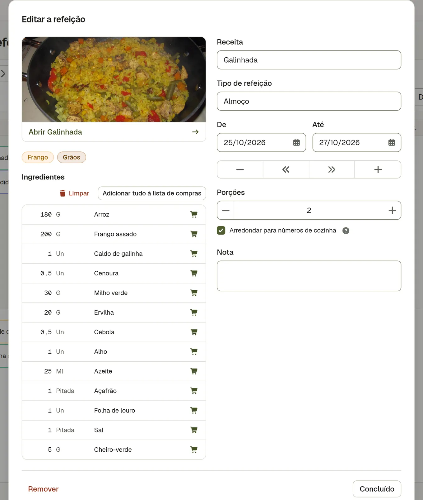 Uma refeição planeada aberta no calendário, com a receita, as doses e uma ligação para a receita completa